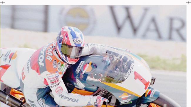 Michael (Mick) Doohan from Aust 500cc driving through a curve during the training of German Grand Prix at the Nurburgring Jul 6 1996. AP PHOTO/Edgar/Schoepal Sport motorcycle racing action o/seas germany