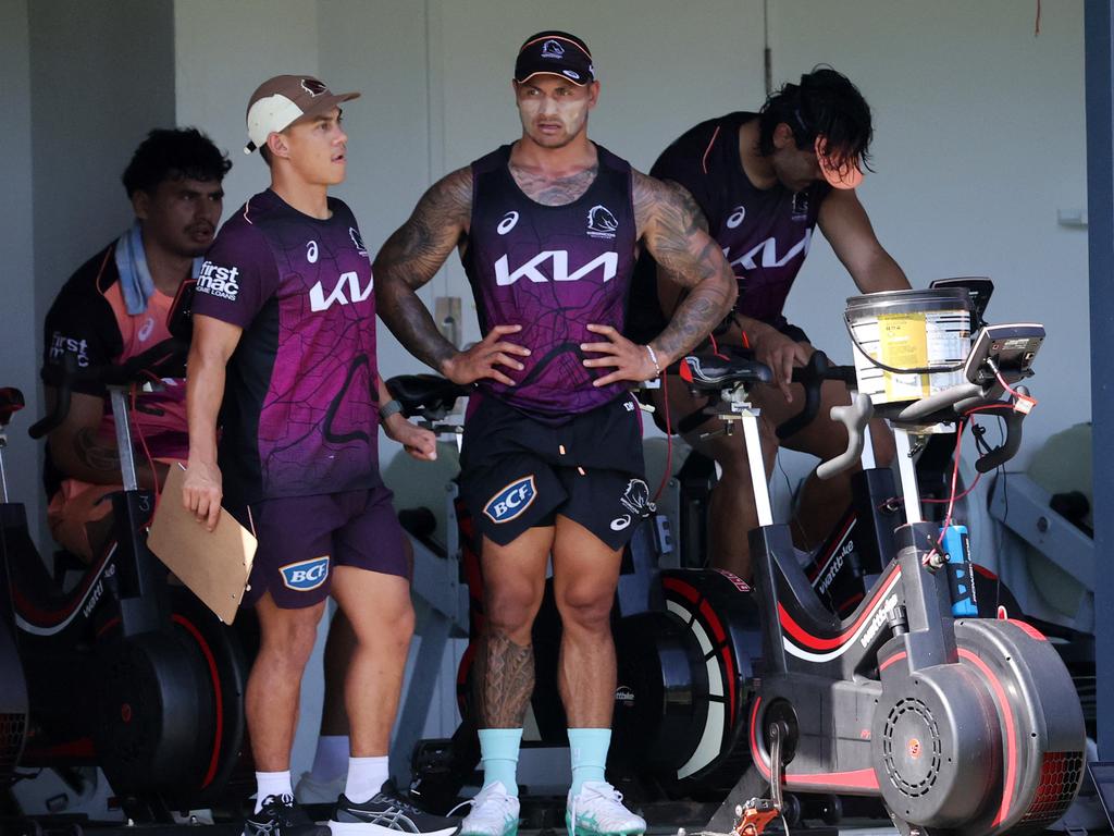 Brisbane Broncos players feel the full extend of a Michael Maguire pre-season torture session. Picture: Nigel Hallett