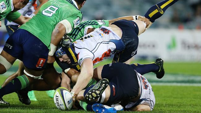 David Pocock of the Brumbies attempts to secure a loose ball.