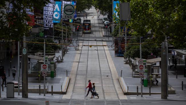 A gloomy summer Saturday for Melbourne with Bourke Street Mall almost deserted as Victoria began a five-day snap lockdown. Picture: NCA NewsWire / Paul Jeffers