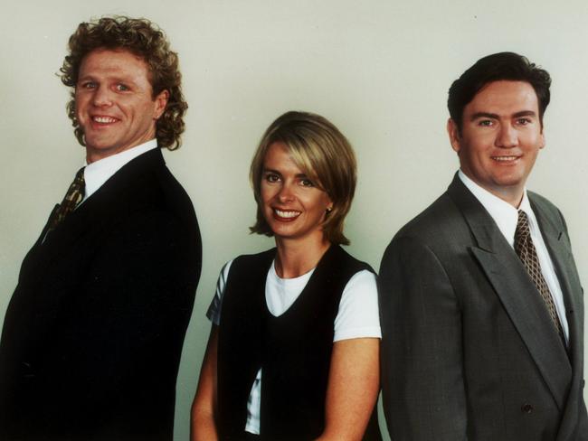 Triple M’s Grill Team (from left) Dermott Brereton, Brigitte Duclos and Eddie McGuire in the late 1990s. Picture: Supplied