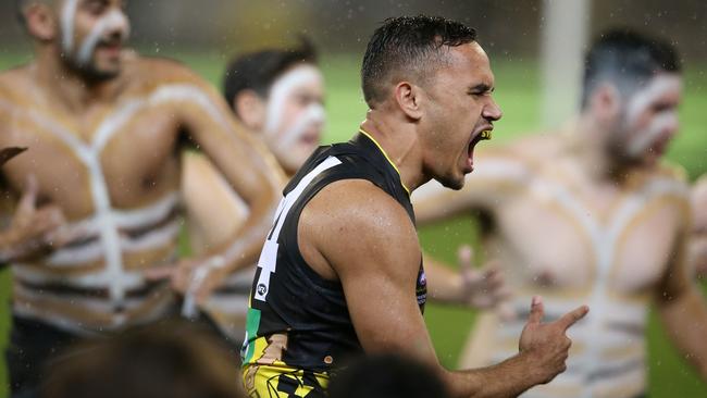 Sydney Stack takes part in the pre-match war cry. Picture: Michael Klein