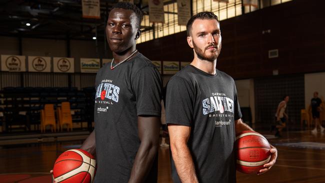 Makuach Malauch and Sean Macdonald as the Darwin Salties ahead of their first ever NBL1 North home semifinal. Picture: Pema Tamang Pakhrin