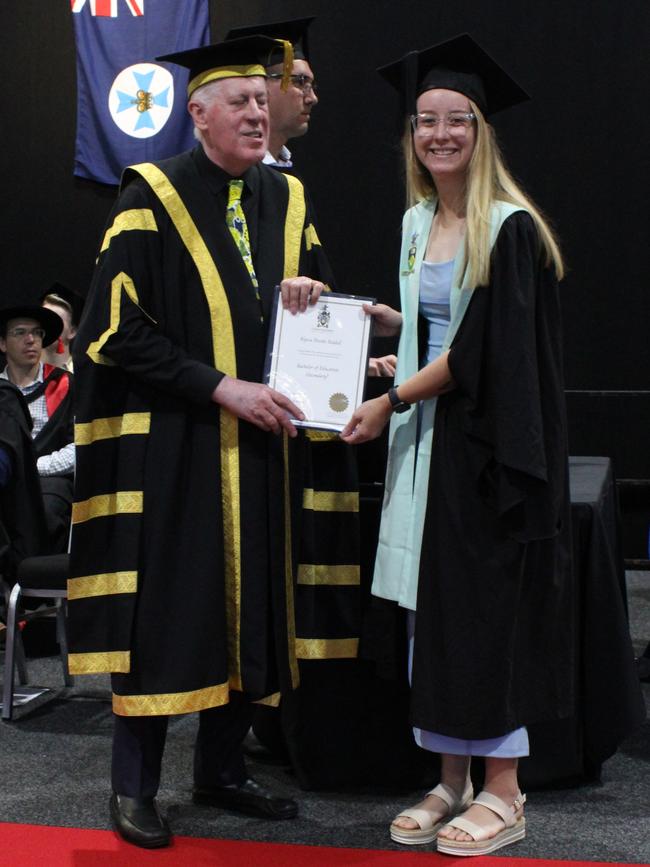 Alyssa Riddell graduated with a Bachelor of Education (Secondary) at the CQUniversity graduation ceremony in Bundaberg on December 14, 2023.