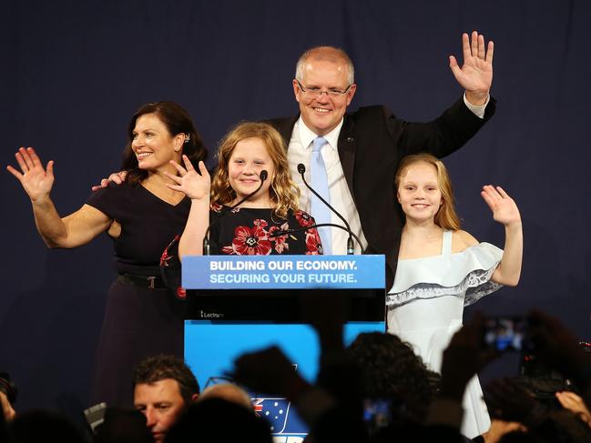 Scott Morrison, with his wife and daughters, claimed victory on election night. Picture: Sam Ruttyn