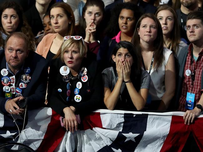 Hillary Clinton supporter wach the results roll in at the Democratic candidate’s election night event at the Jacob K. Javits Convention Center. Picture: Elsa/Getty Images/AFP