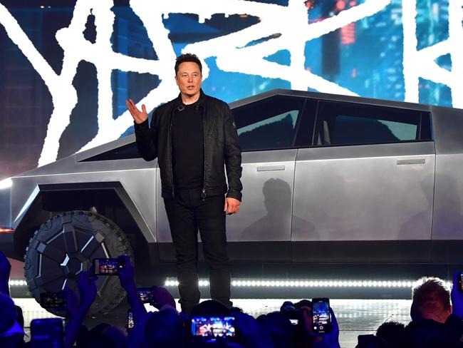 Tesla co-founder and CEO Elon Musk introduces the newly unveiled all-electric battery-powered Tesla Cybertruck. Picture: AFP