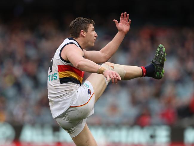 Josh Jenkins kicks for goal for the Crows during the Round 19 match against Carlton at the MCG. Picture: AAP Image/David Crosling