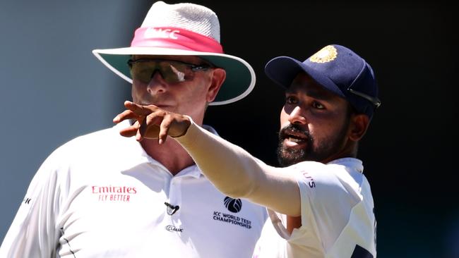 Mohammed Siraj makes a formal complaint to umpire Paul Reiffel about crowd abuse during day four of the Test at the SCG Picture: Getty Images