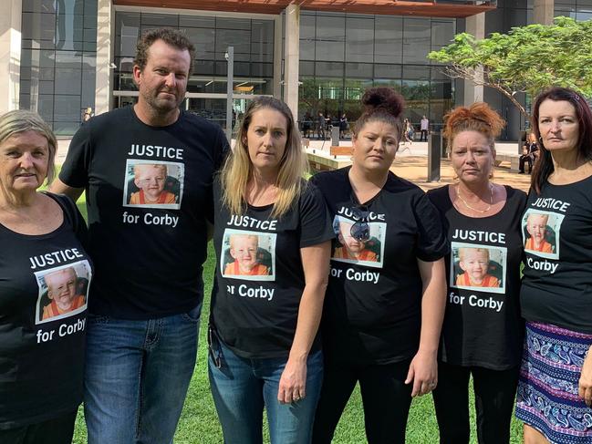 Corby Akehurst's aunt, Tanya, third from left, and supporters outside Brisbane Supreme Court. They'd travelled down for the sentence of Corby's dad, Shane Purssell Akehurst, who pleaded guilty to Corby's manslaughter and torture.