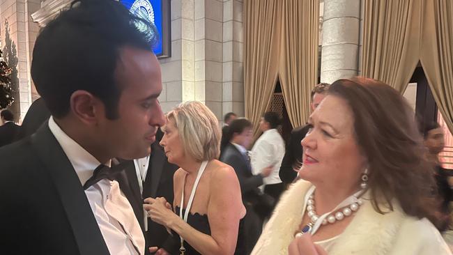 Australian billionaire Gina Rinehart with United States billionaire and politician Vivek Ramaswamy at the Starlight Ball.