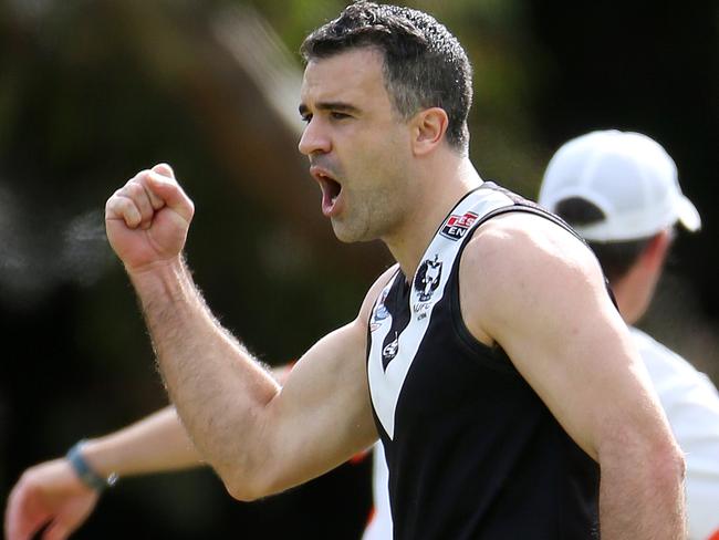 16/04/16 Peter Malinauskas celebrates kicking a goal playing amateur football in the city. photo Calum Robertson