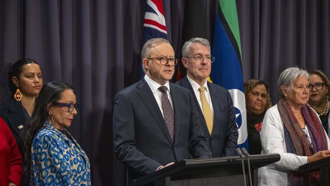 Anthony Albanese and the Referendum Working Group members hold a press conference after the Constitution Alteration (Aboriginal and Torres Strait Islander Voice) passed in the Senate at Parliament House in Canberra. Picture: NCA NewsWire / Martin Ollman