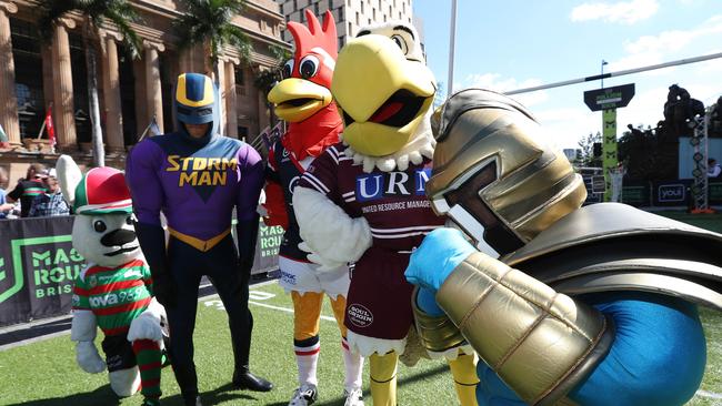 The Rabbitohs, Storm, Roosters, Sea Eagles and Titans mascot gather for the promotion. Picture: Annette Dew