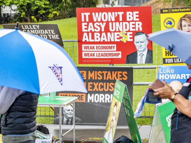 'It Won't Be Easy Under Albanese' election poster at pre-polling at Chermside Kedron Community Church. Picture: Richard Walker