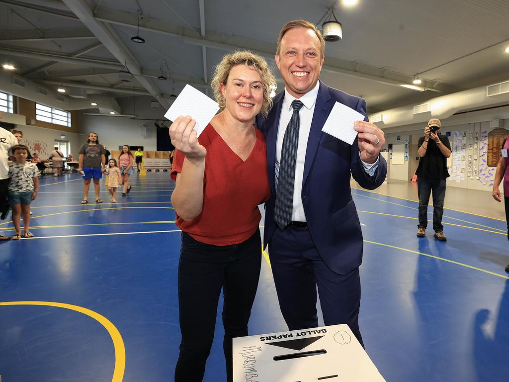 Premier Steven Miles and wife Kim cast their votes. Picture: NewsWire/ Adam Head