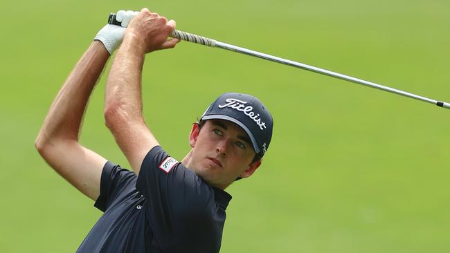 NEW DELHI, INDIA - MARCH 28: Elvis Smylie of Australia plays his second shot on the 10th hole during day one of the Hero Indian Open at DLF Golf and County Club on March 28, 2024 in Singapore. (Photo by Luke Walker/Getty Images)