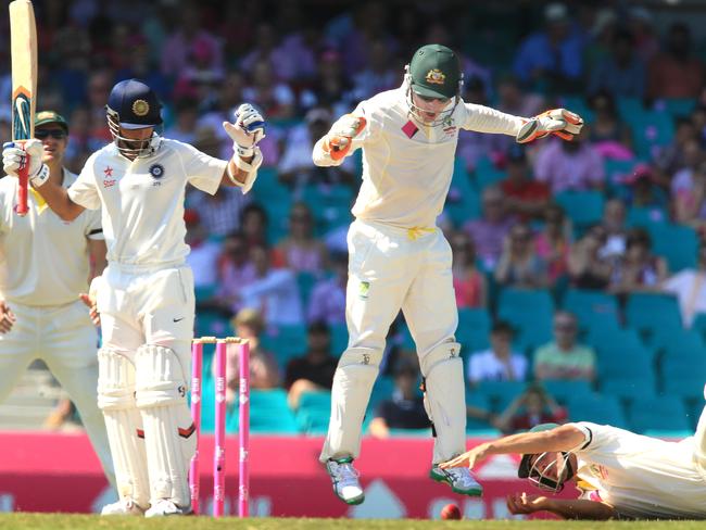 Joe Burns fails to reach a chance off the bat of Ajinkya Rahane. Pic Mark Evans.