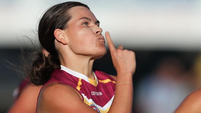ADELAIDE, AUSTRALIA — FEBRUARY 3: Sophie Conway of the Lions celebrates a goal during the 2018 AFLW Round 01 match between the Adelaide Crows and the Brisbane Lions at Norwood Oval on February 3, 2018 in Adelaide, Australia. (Photo by AFL Media)