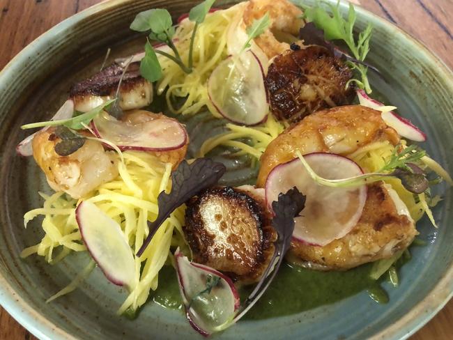 Pan fried prawns and scallops with green mango at the Bridgewater Mill