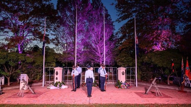 Flags are lowered to half mast before the ANZAC Dawn Service. Picture: Facebook