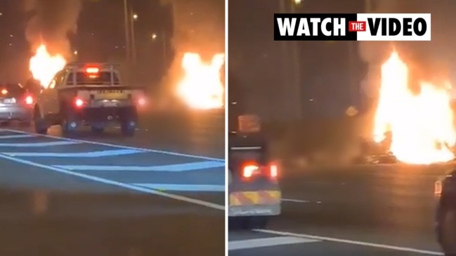 Cars engulfed in flames after a fatal crash southwest of Brisbane