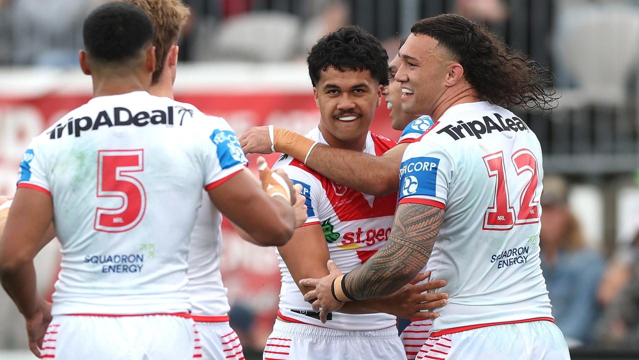 Lyhkan King-Togia of the Dragons celebrates his try during the round 27 NRL match between St George Illawarra Dragons and Canberra Raiders. Photo: Mark Metcalfe/Getty Images.