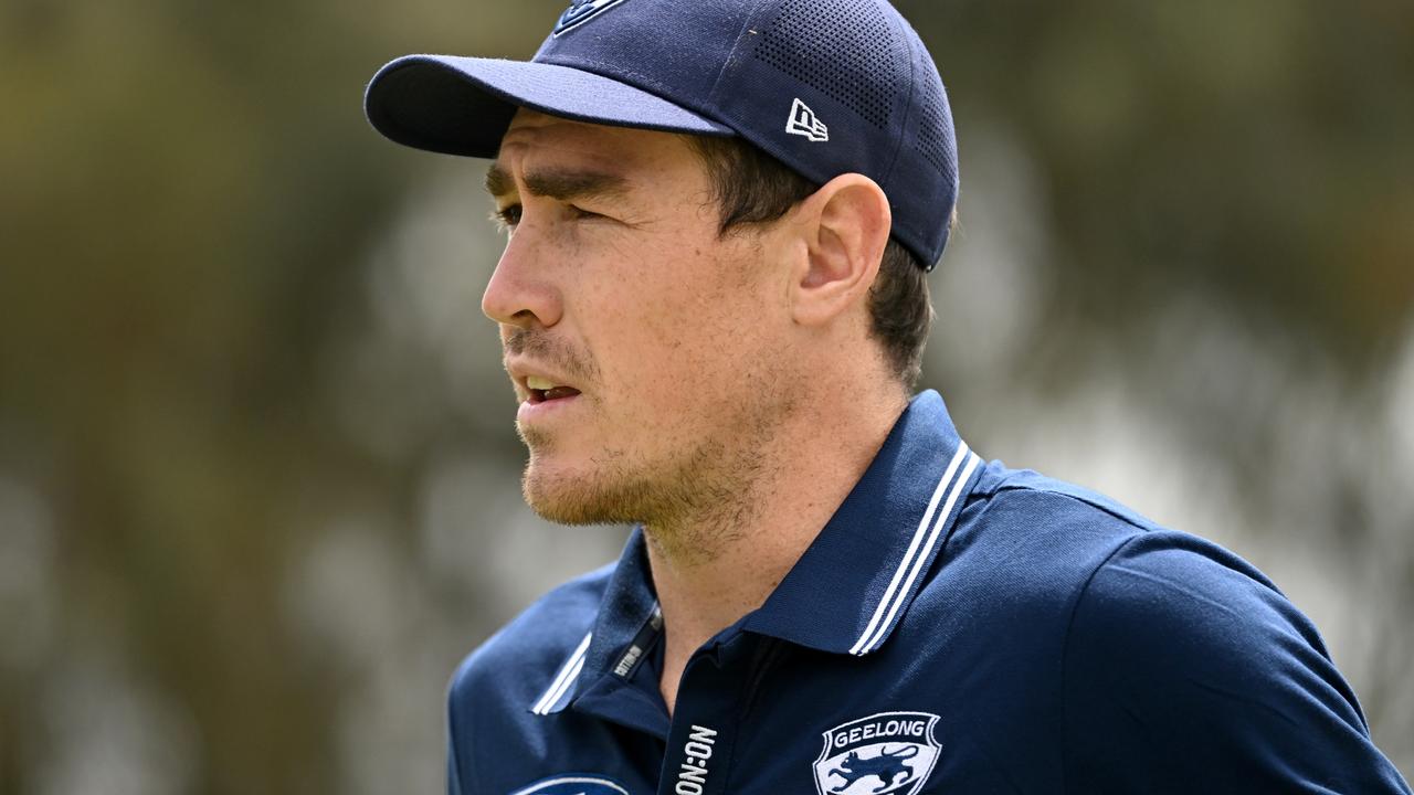 Jeremy Cameron speaks during the Cats’ AFL Community Camp at Cudgee Primary School. Picture: Morgan Hancock/Getty Images