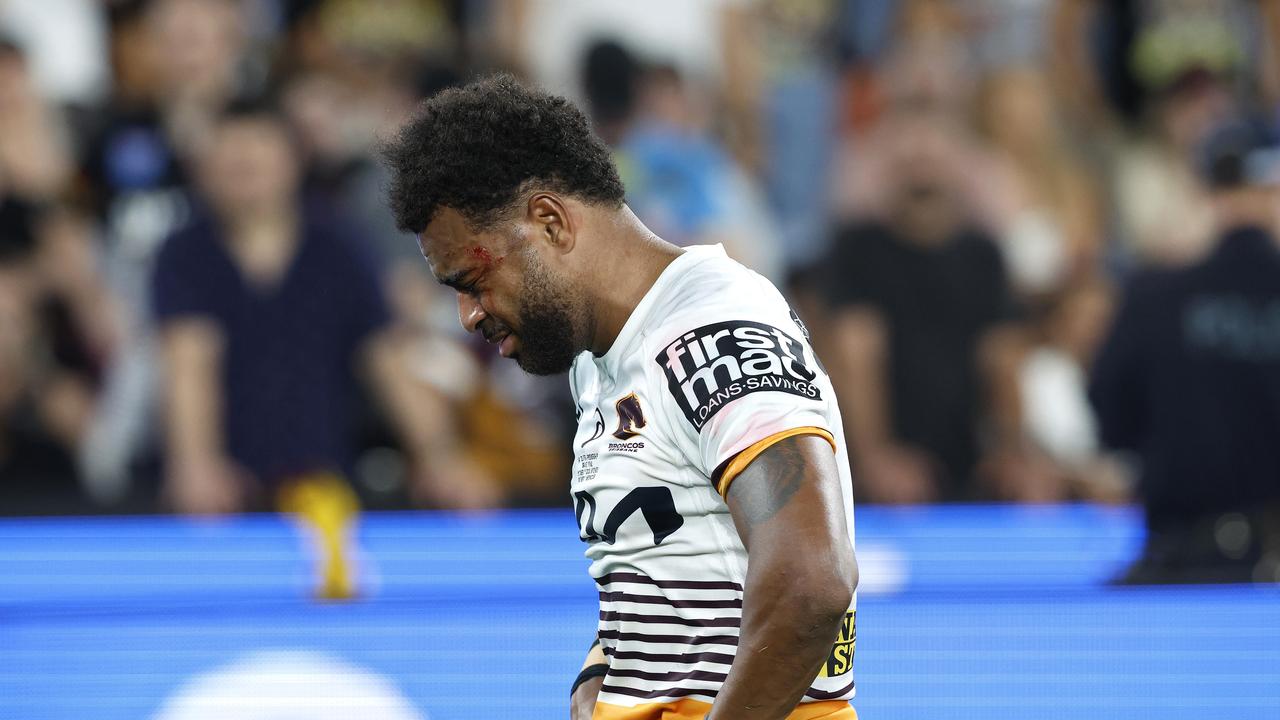 Ezra Mam is inconsolable after losing the 2023 NRL Grand Final between the Brisbane Broncos and the Penrith Panthers at Accor Stadium, Sydney Olympic Park. Pics Adam Head