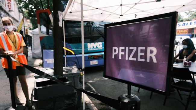 A city-operated mobile pharmacy advertises the COVID-19 vaccine in Brooklyn. Picture: AFP.