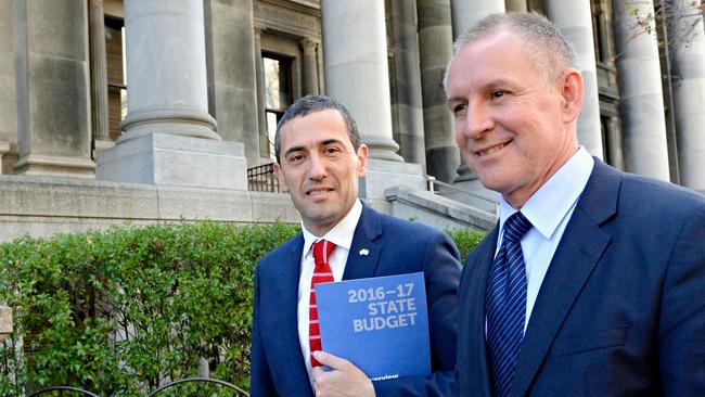 Treasurer Tom Koutsantonis with Premier Jay Weatherill as they prepared to hand down the 2016 State Budget. Picture: Roy VanDerVegt