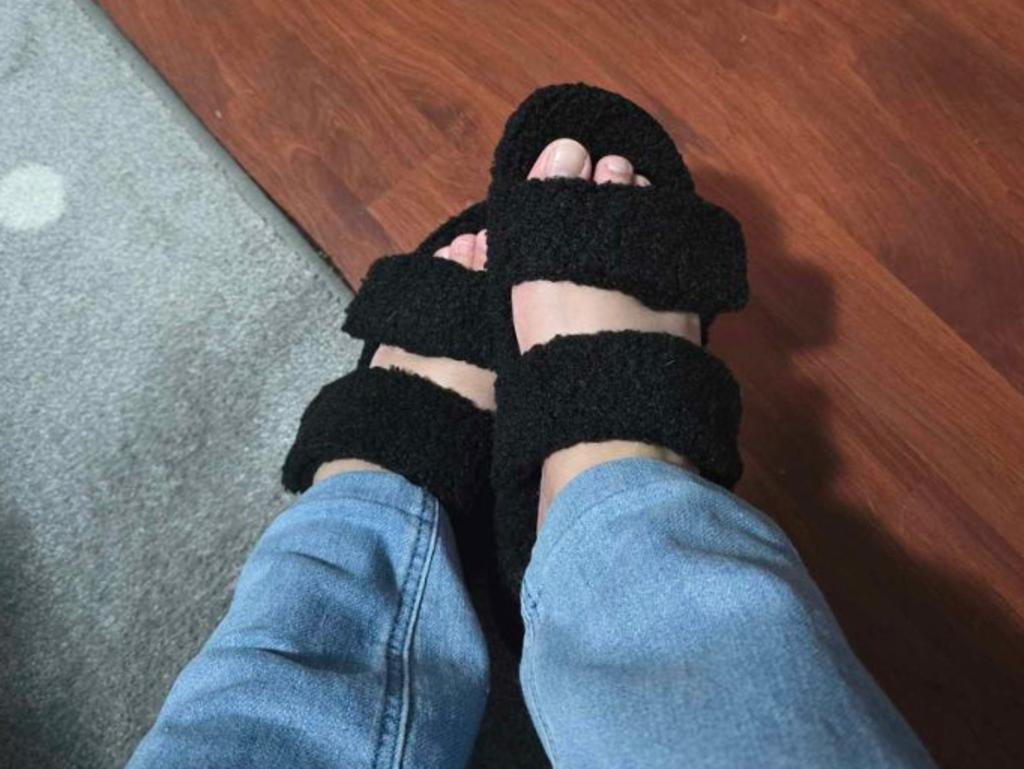 The Oodie Two Strap Sherpa Slides are "super soft and comfortable". Picture: Tahnee-Jae Lopez-Vito