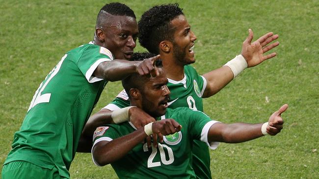 Nawaf Al Abid gets inventive after Saudi Arabia’s fourth goal.