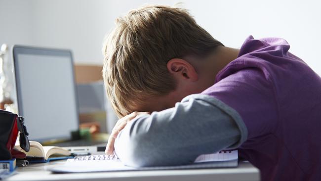 Tired Boy Studying In Bedroom