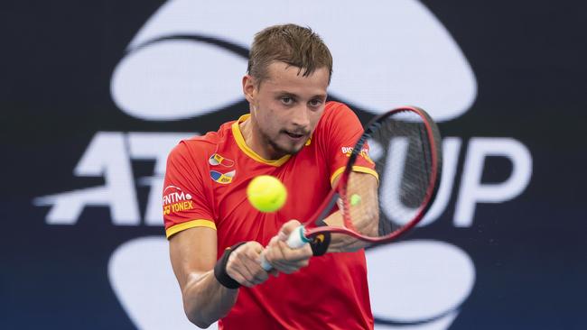 Alexander Cozbinov showed he was no easybeat against Belgium’s Steve Darcis in the ATP Cup. Picture: AAP