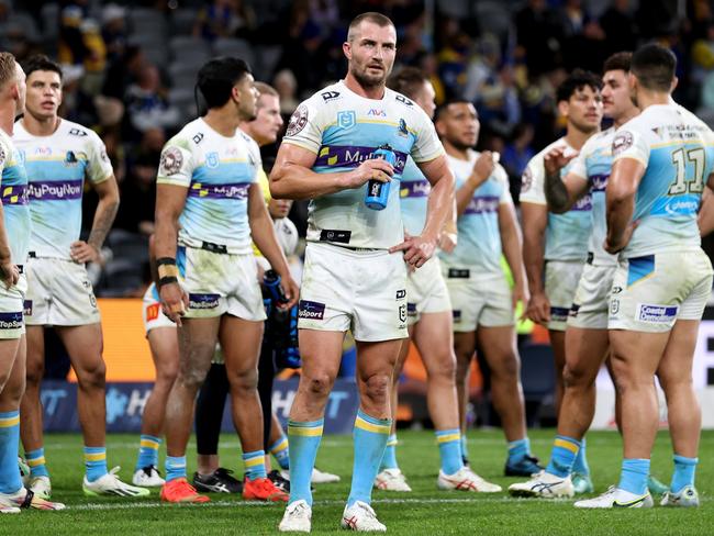 SYDNEY, AUSTRALIA - JULY 16: Kieran Foran of the Titans reacts during the round 20 NRL match between Parramatta Eels and Gold Coast Titans at CommBank Stadium on July 16, 2023 in Sydney, Australia. (Photo by Brendon Thorne/Getty Images)