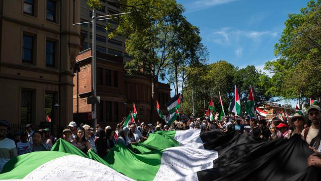 Protesters were draped in the Palestine flag as they marched. Picture: NCA NewsWire / Flavio Brancaleone