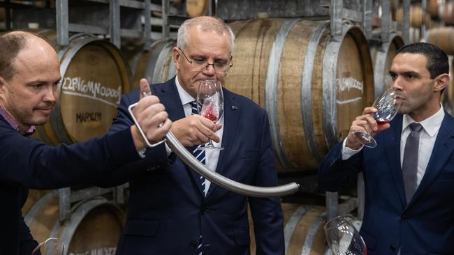 Prime Minister Scott Morrison joins Aaron Violi on a tour of Punt Road Winery in the Yarra Valley. Picture: Jason Edwards