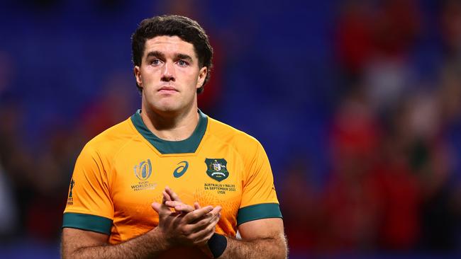 LYON, FRANCE – SEPTEMBER 24: Ben Donaldson of Australia applauds the fans at full-time following the Rugby World Cup France 2023 match between Wales and Australia at Parc Olympique on September 24, 2023 in Lyon, France. (Photo by Chris Hyde/Getty Images)