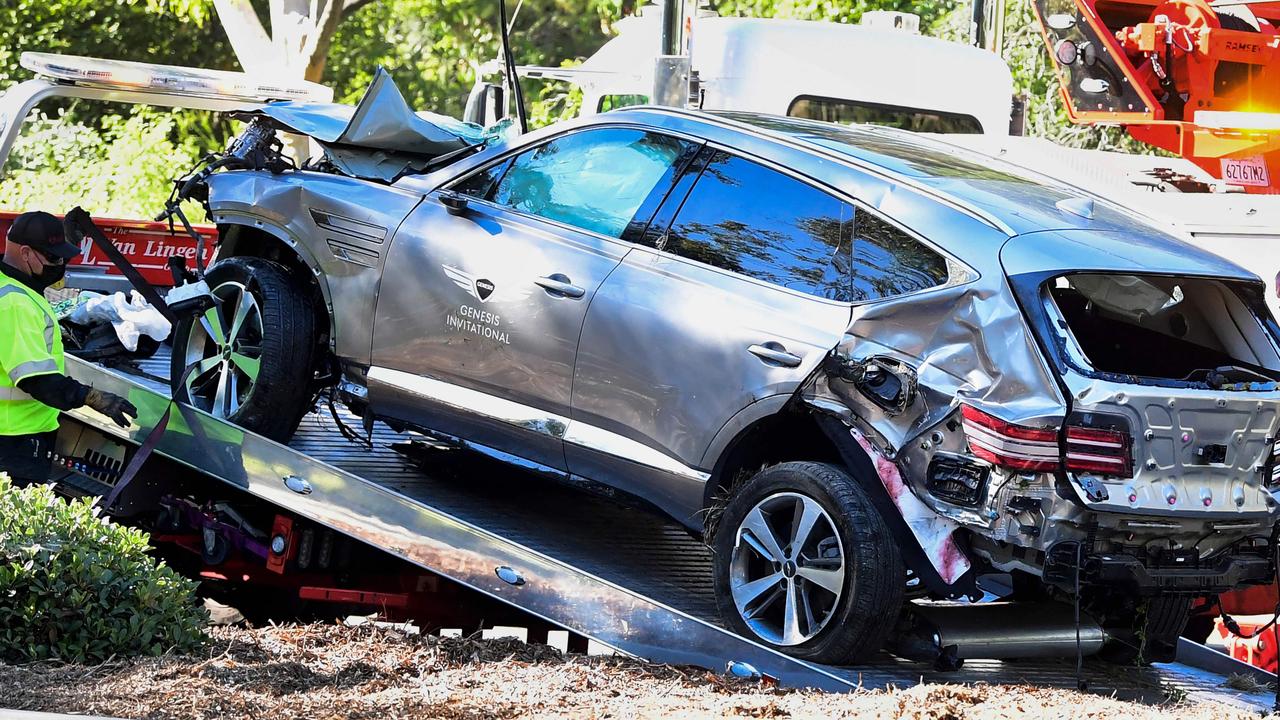 Tiger Woods’ car after the accident that nearly cost him his leg. Picture: Frederic J. Brown / AFP
