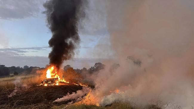 Car fire spreads into surrounding paddocks in Rossmore on Bringelly Rd. Picture: RFS