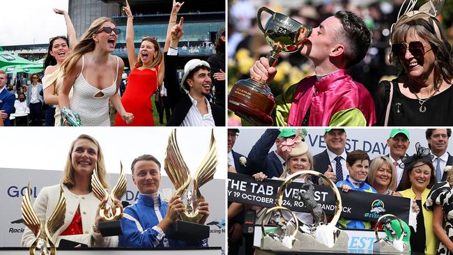 Punters (top left) celebrate a win in The Big Dance at Randwick; Prizemoney levels have gone to new levels in Australia thanks to races like (clockwise from top right) the Melbourne Cup, The Everest and The Golden Eagle.