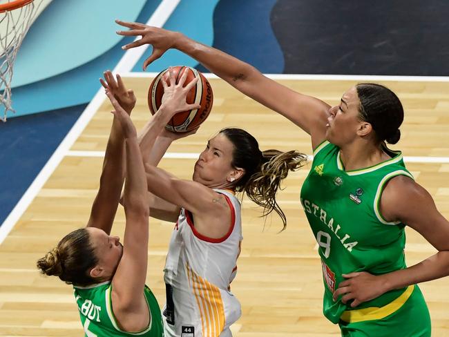 Spain’s guard Marta Xargay vies with Australia's guard Stephanie Talbot and centre Liz Cambage during the FIBA 2018 Women's Basketball World Cup. The Opals have committed to fight against racial injustice. Picture: Javier Soriano/AFP