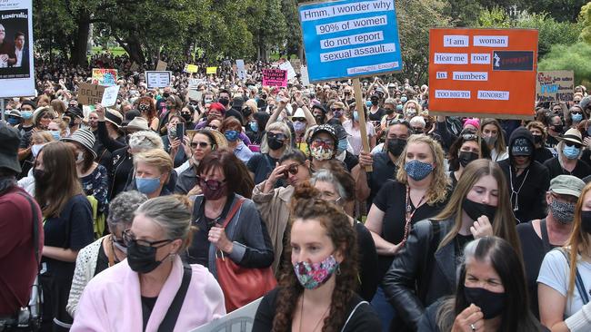 The women subjected to disgraceful behaviour by the Wesley College students on a bus on Monday were coming back from the March 4 Justice protest. Picture: Matrix Media