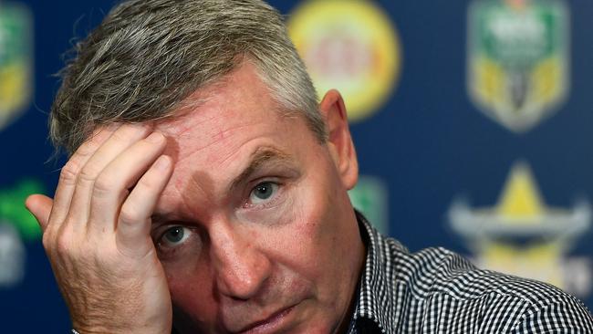 TOWNSVILLE, AUSTRALIA - AUGUST 31: Cowboys coach Paul Green looks on at the post match media conference at the end of the round 26 NRL match between the North Queensland Cowboys and the Brisbane Broncos at 1300SMILES Stadium on August 31, 2017 in Townsville, Australia. (Photo by Ian Hitchcock/Getty Images)