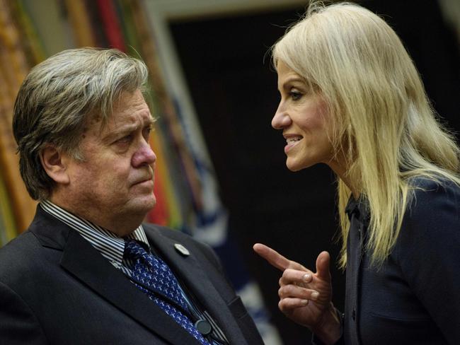 Trump adviser Steve Bannon and counsellor to the president Kellyanne Conway talk before a meeting in Washington, DC. Picture: AFP/Brendan Smialowski