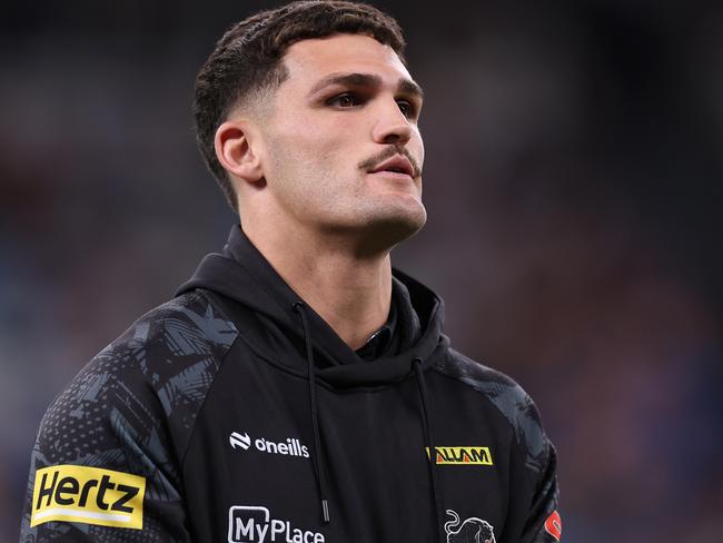 SYDNEY, AUSTRALIA - MARCH 28:  Injured Panthers player Nathan Cleary looks on before the round four NRL match between Sydney Roosters and Penrith Panthers at Allianz Stadium on March 28, 2024, in Sydney, Australia. (Photo by Cameron Spencer/Getty Images)