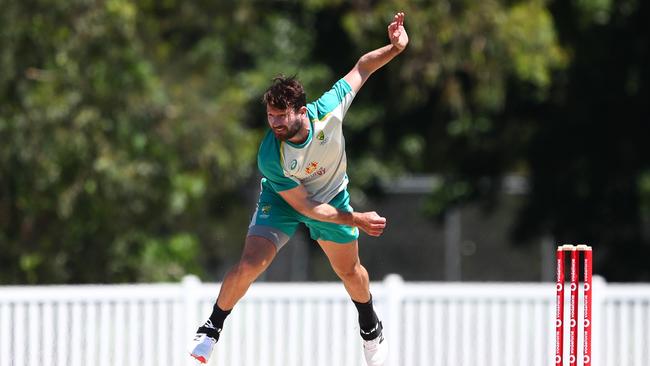 TSS old boy Michael Neser bowls during an Australian Test squad practice session at Redlands CC on December 03, 2021 in Brisbane, Australia. (Photo by Chris Hyde/Getty Images)