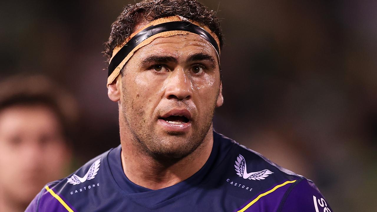 CANBERRA, AUSTRALIA - MAY 22: Dale Finucane of the Storm leaves the field for an HIA during the round 11 NRL match between the Canberra Raiders and the Melbourne Storm at GIO Stadium, on May 22, 2021, in Canberra, Australia. (Photo by Mark Kolbe/Getty Images)