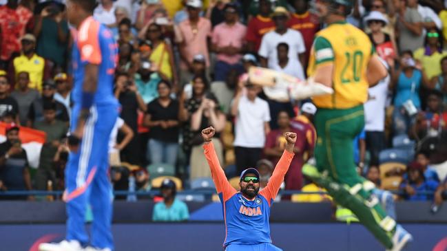 Rohit Sharma celebrates victory in the ICC Men's T20 Cricket World Cup Final. Picture: Gareth Copley/Getty Images